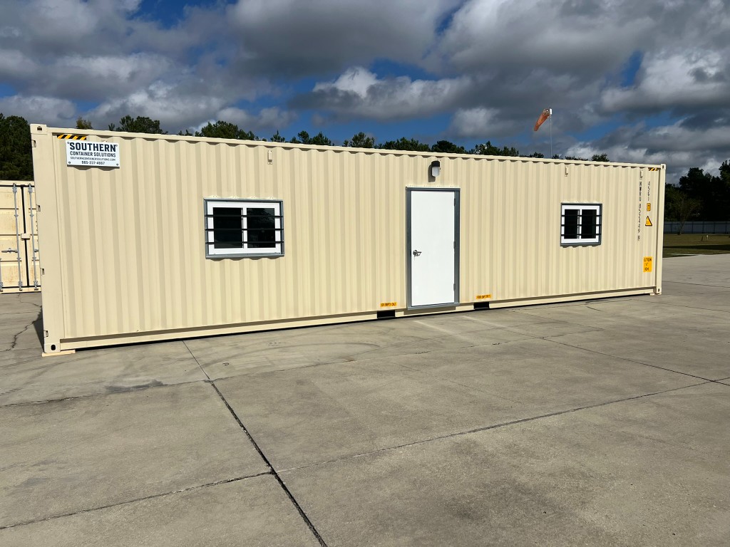 40-foot ground-level mobile office container on a Texas jobsite by Southern Container Solutions